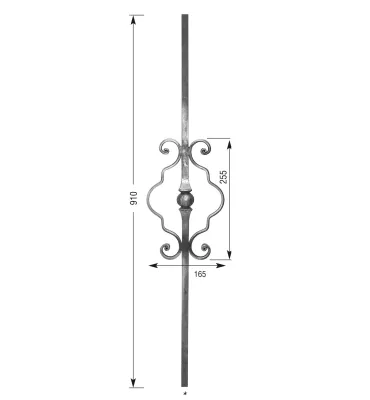 Barreau forgé HAUTEUR 910 mm - motif L. 165 x H. 255 mm Carré 14x14 - Ref 21LV2-14-910