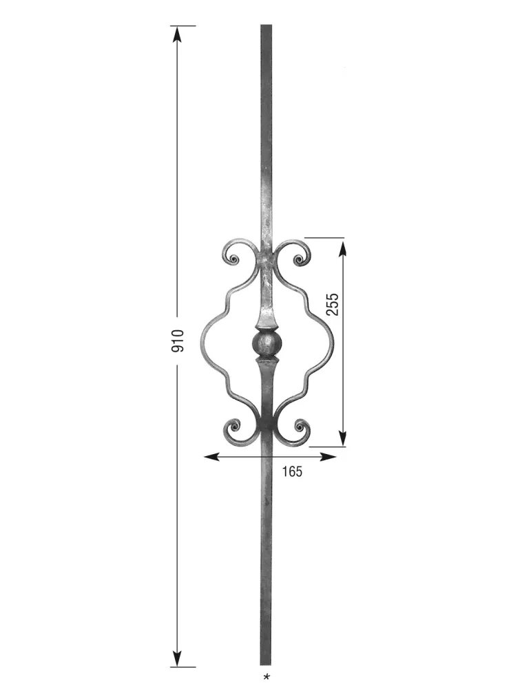 Barreau forgé HAUTEUR 910 mm - motif L. 165 x H. 255 mm Carré 14x14 - Ref 21LV2-14-910
