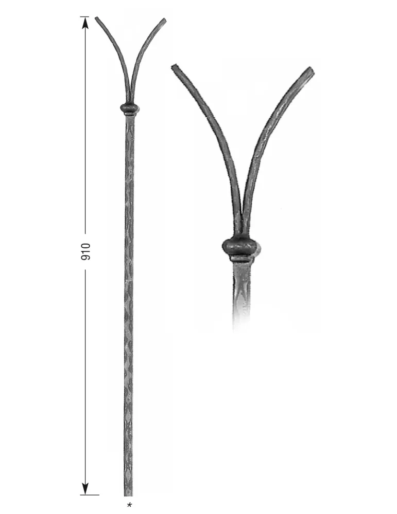 Barreau forgé HAUTEUR 910 mm - arcades L. 110 mm Barreau carré 14x14 arcades plat 14x6 - Ref 22ABIS-14-910