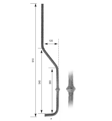 Barreau forgé galbé HAUTEUR 910 mm Carré 14x14 - Ref 22GS-14-910