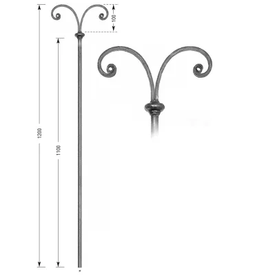Barreau forgé HAUTEUR 1100 mm - volutes L. 200 mm Rond 14 - Ref 25ABIS-14-1200