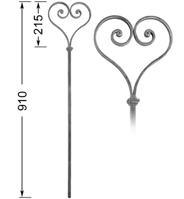 Barreau forgé HAUTEUR 910 mm - volutes L. 200 mm Barreau carré 14x14 volutes plat 14x6 - Ref 26ABIS-14-910