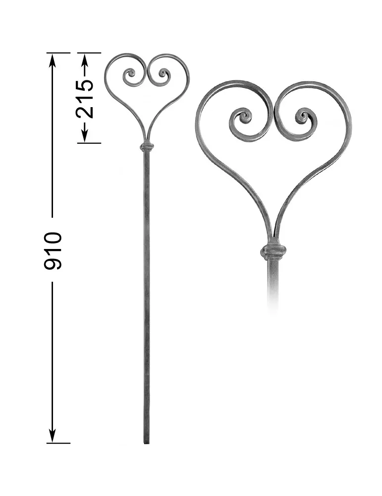 Barreau forgé HAUTEUR 910 mm - volutes L. 200 mm Barreau carré 14x14 volutes plat 14x6 - Ref 26ABIS-14-910