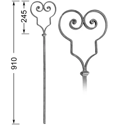 Barreau forgé HAUTEUR 910 mm - volutes L. 200 mm Barreau carré 14x14 volutes plat 14x6 - Ref 27ABIS-14-910