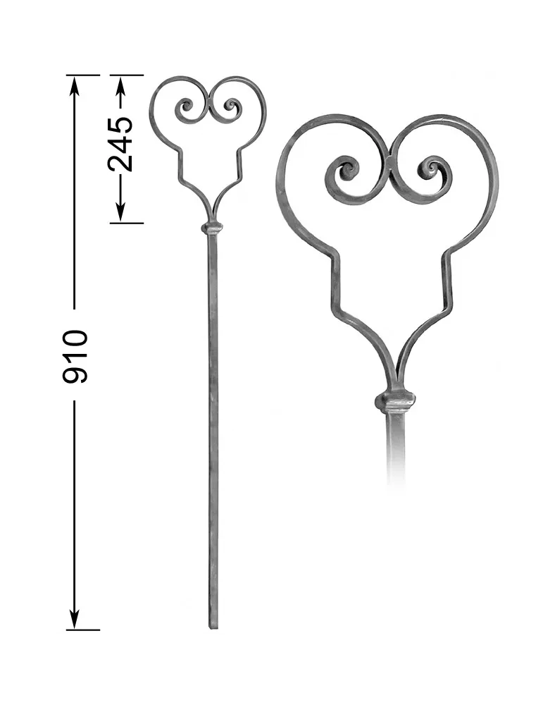 Barreau forgé HAUTEUR 910 mm - volutes L. 200 mm Barreau carré 14x14 volutes plat 14x6 - Ref 27ABIS-14-910