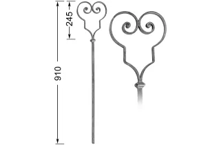 Barreau forgé HAUTEUR 910 mm - volutes L. 200 mm Barreau carré 14x14 volutes plat 14x6 - Ref 27ABIS-14-910