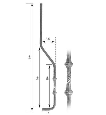 Barreau forgé galbé HAUTEUR 910 mm Carré 14x14 - Ref 30GS-14-910