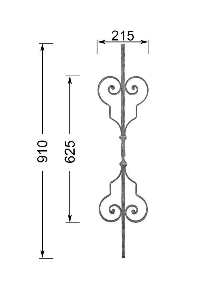 Barreau forgé HAUTEUR 910 mm - motif L. 215 x H.625 mm Carré 14x14 - Ref 30V110-14-910