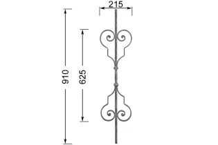 Barreau forgé HAUTEUR 910 mm - motif L. 215 x H.625 mm Carré 14x14 - Ref 30V110-14-910