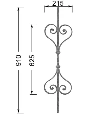 Barreau forgé HAUTEUR 910 mm - motif L. 215 x H. 625 mm Carré 14x14 - Ref 30V115-14-910