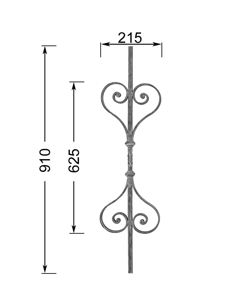Barreau forgé HAUTEUR 910 mm - motif L. 215 x H. 625 mm Carré 14x14 - Ref 30V115-14-910