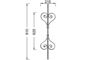 Barreau forgé HAUTEUR 910 mm - motif L. 215 x H. 625 mm Carré 14x14 - Ref 30V115-14-910
