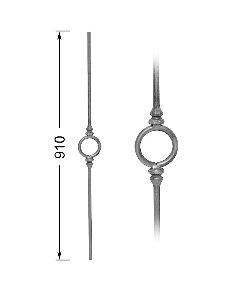 Barreau forgé HAUTEUR 910 mm x 100 mm LARGEUR - anneau diamètre 100 mm Rond 14 - Ref 31AR-14-910