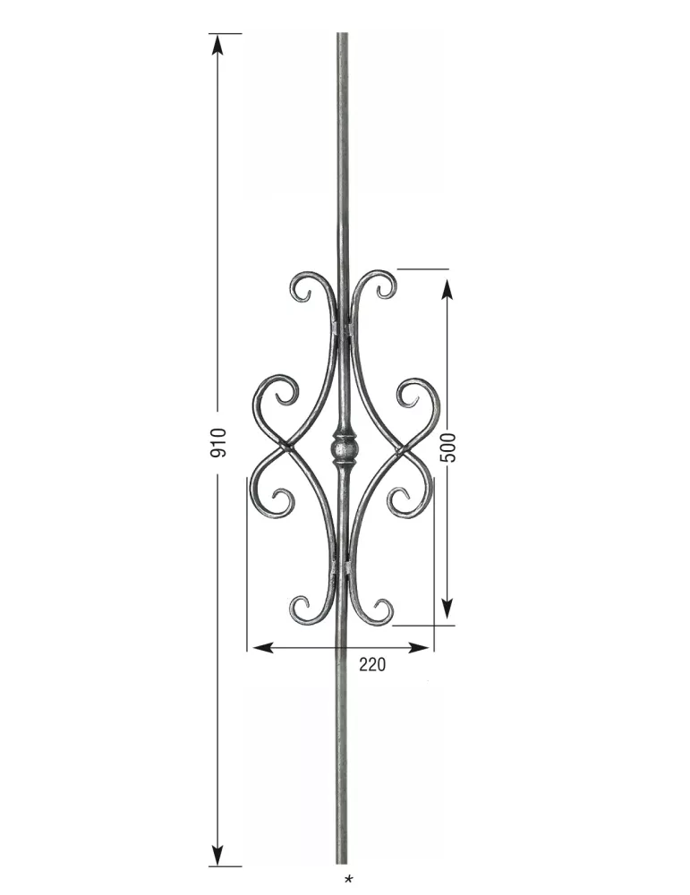 Barreau forgé HAUTEUR 910 mm - motif L. 220 x H. 500 mm Rond 14 - Ref 35L-14-910