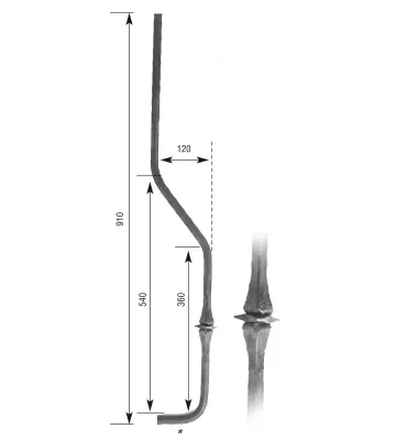 Barreau forgé galbé HAUTEUR 910 mm Carré 14x14 - Ref 5GS-14-910