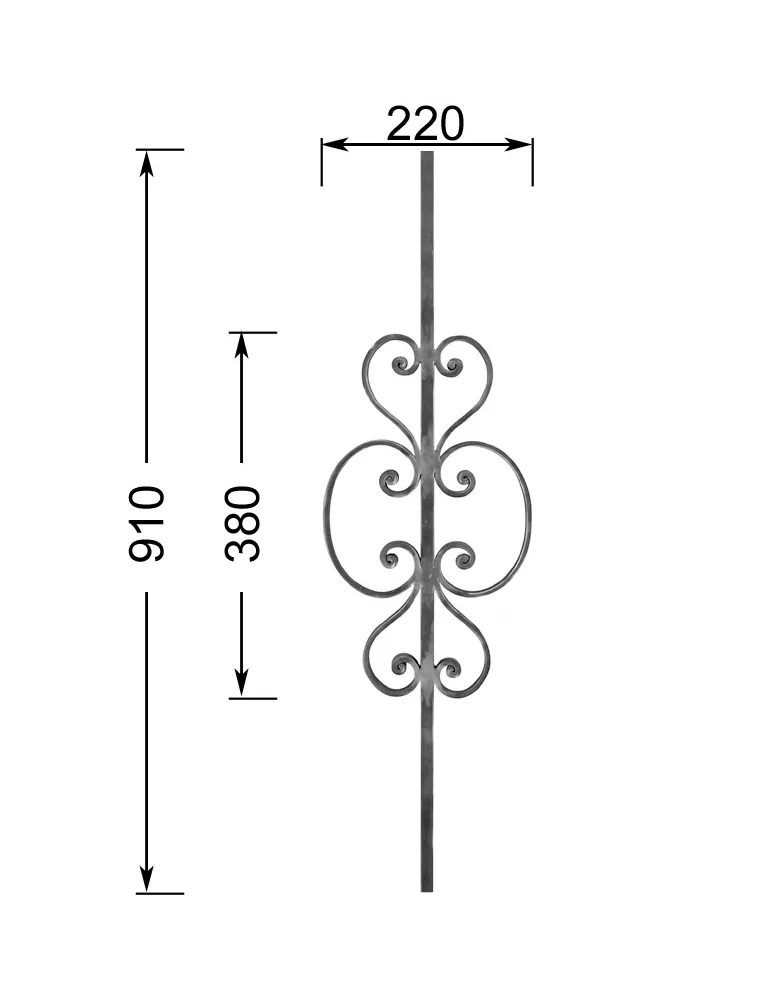 Barreau forgé HAUTEUR 910 mm - motif L. 220 x H. 380 mm Carré 14x14 - Ref B104-14-910