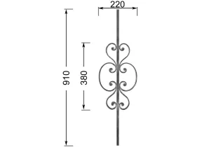 Barreau forgé HAUTEUR 910 mm - motif L. 220 x H. 380 mm Carré 14x14 - Ref B104-14-910