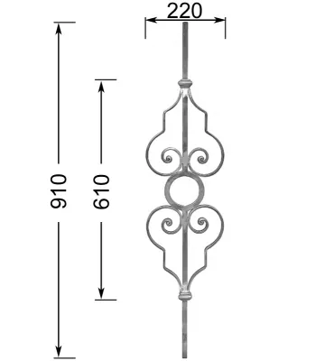 Barreau forgé HAUTEUR 910 mm - motif L. 220 x H. 610 mm Carré 14x14 - Ref B110-14-910