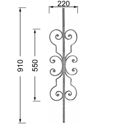 Barreau forgé HAUTEUR 910 mm - motif L. 220 x H. 550 mm Carré 14x14 - Ref B117-14-910