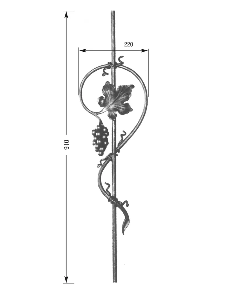 Barreau forgé HAUTEUR 910 mm - motif L.220. X H. 550 mm Rond 14 - Ref GR-14-910