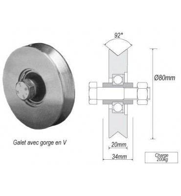 pièce élément ferronnier serrurier Galet ACIER en V pour portail Diamètre 80 Largeur 20 Ref: F66.101