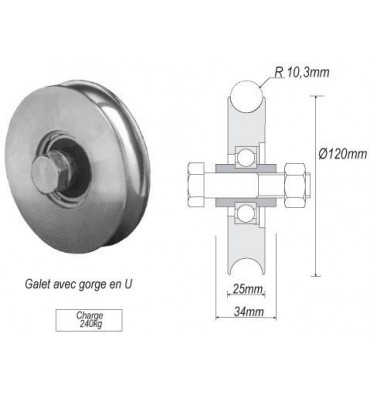 pièce élément ferronnier serrurier Galet ACIER en U pour portail Diamètre 120 Largeur 25 Ref: F66.113