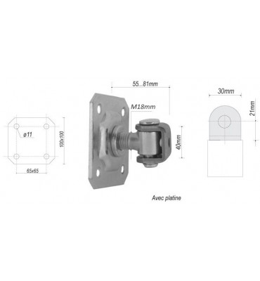 Gond réglable avec platine 100 x 100 Hauteur 55 Section 21x30 ACIER Ref: F66.235