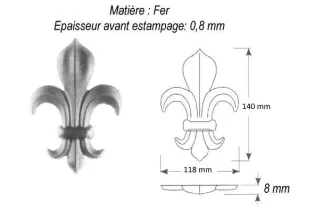 Fleur de Lys 118 x 8 Hauteur 140 ACIER Ref: GFL140F2