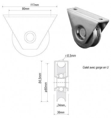 pièce élément ferronnier serrurier Galet avec support inférieur ACIER en U pour portail Diamètre 80 Largeur 24 Ref: F66.132