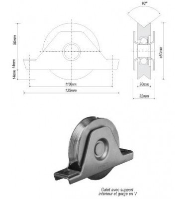 pièce élément ferronnier serrurier Galet avec support inférieur ACIER en V pour portail Diamètre 80 Largeur 20 Ref: F66.135