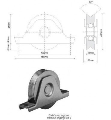 pièce élément ferronnier serrurier Galet avec support inférieur ACIER en V pour portail Diamètre 90 Largeur 21 Ref: F66.136