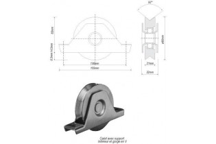 pièce élément ferronnier serrurier Galet avec support inférieur ACIER en V pour portail Diamètre 90 Largeur 21 Ref: F66.136