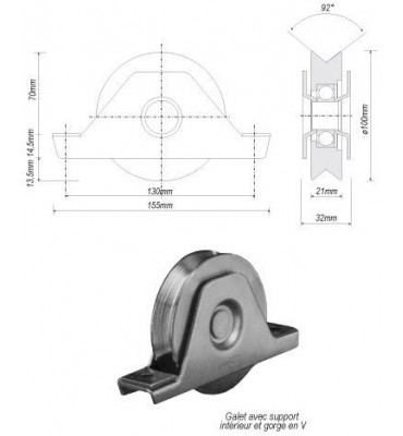 pièce élément ferronnier serrurier Galet avec support inférieur ACIER en V pour portail Diamètre 100 Largeur 21 Ref: F66.137
