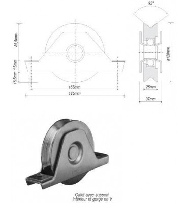 pièce élément ferronnier serrurier Galet avec support inférieur ACIER en V pour portail Diamètre 120 Largeur 25 Ref: F66.138