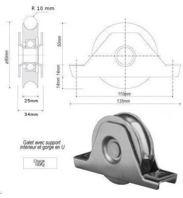pièce élément ferronnier serrurier Galet avec support inférieur ACIER en U pour portail Diamètre 80 Largeur 20 Ref: F66.145