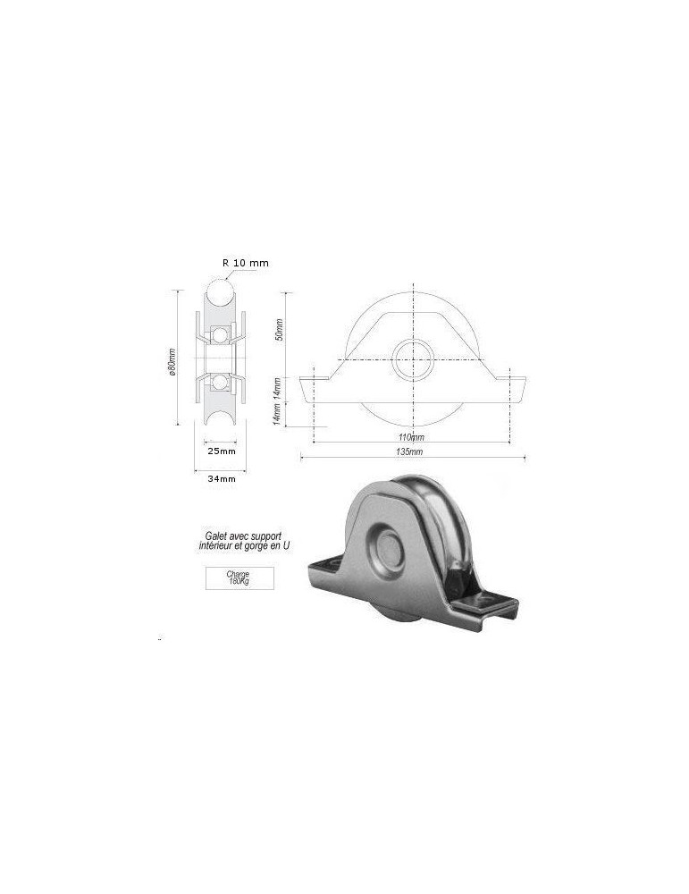 pièce élément ferronnier serrurier Galet avec support inférieur ACIER en U pour portail Diamètre 80 Largeur 20 Ref: F66.145