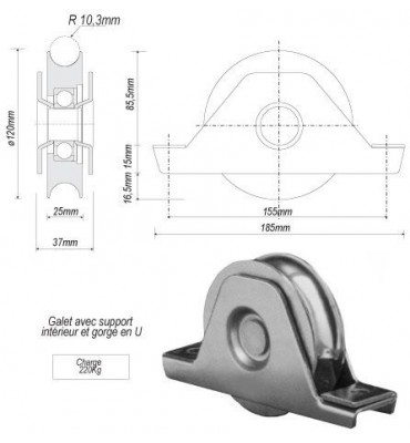 pièce élément ferronnier serrurier Galet avec support inférieur ACIER en U pour portail Diamètre 120 Largeur 25 Ref: F66.148