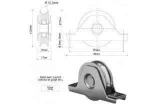 pièce élément ferronnier serrurier Galet avec support inférieur ACIER en U pour portail Diamètre 120 Largeur 25 Ref: F66.148