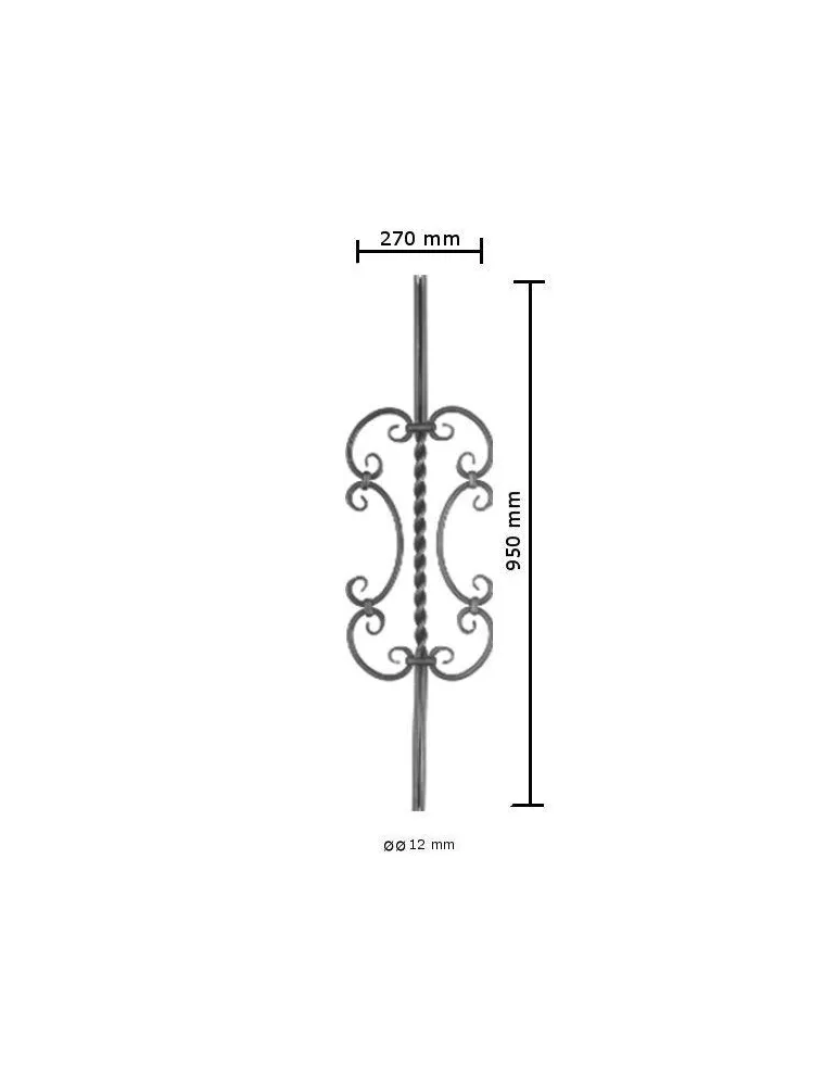 pièce élément ferronnier serrurier Balustre TORSADE 950x270 Section 12 ACIER FER FORGE Ref: BE05512
