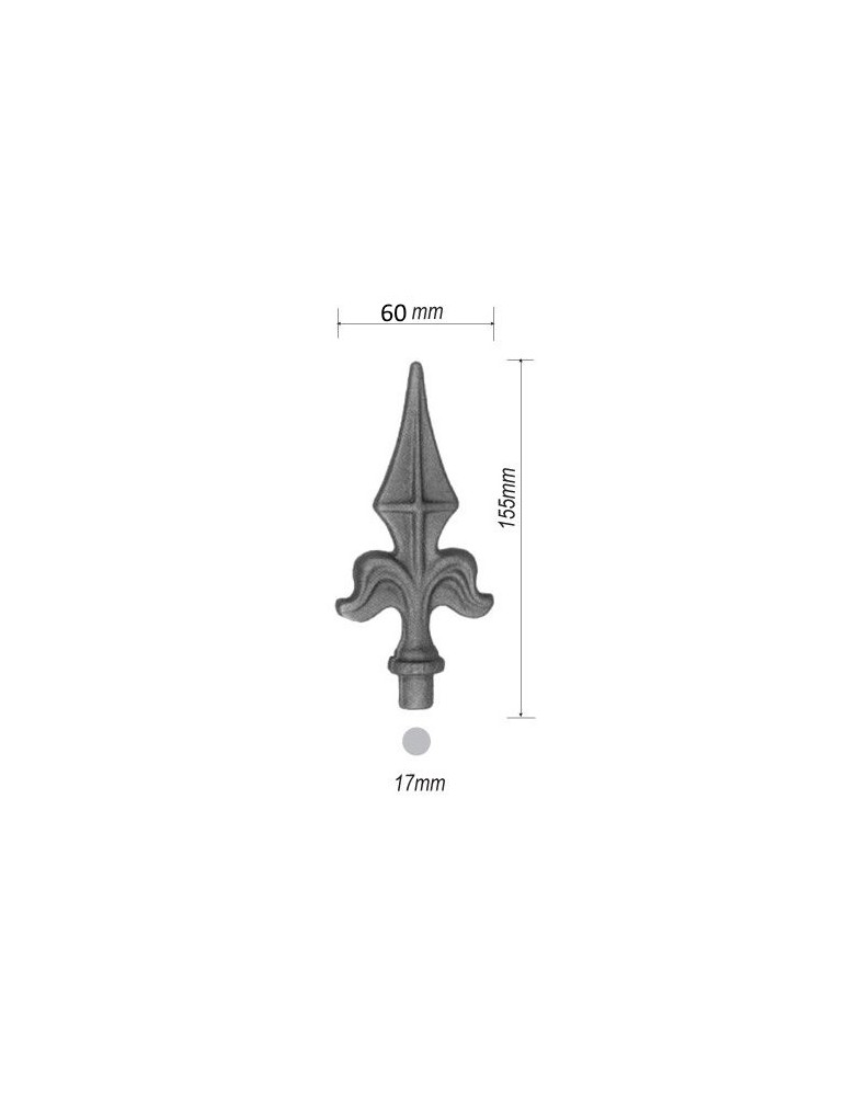 Pointe de lance fleur de lys avec épaulement 155 x 60 Diamètre 17 ACIER FER FORGE Ref: P17B