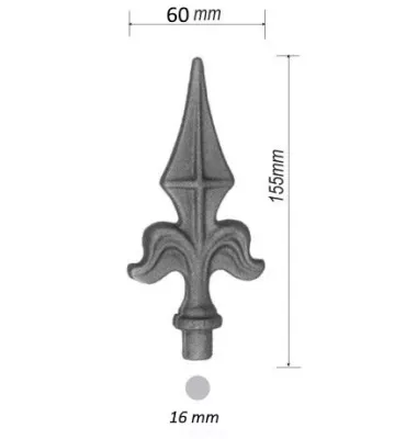 Pointe de lance fleur de lys avec épaulement 155 x 60 Diamètre 16 ACIER FER FORGE Ref: P17B