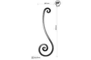 VOLUTE en S LISSE PATTE D OIE 820x280 Section 25x25 ACIER FER FORGE Ref: F53.604