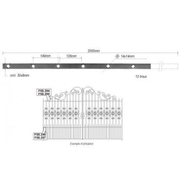 pièce élément ferronnier serrurier Barre poinçonnée LISSE PLAT Longueur 2000 Section 30x8 Passage CARRE ACIER FER FORGE Ref: ...
