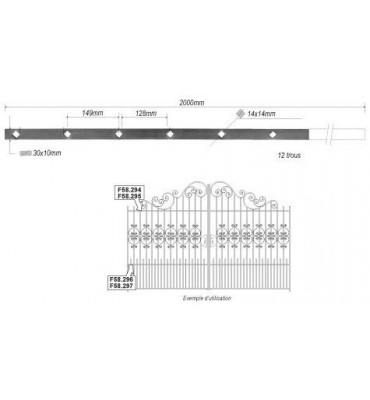 pièce élément ferronnier serrurier Barre poinçonnée LISSE PLAT Longueur 2000 Section 30x10 Passage CARRE ACIER FER FORGE Ref:...
