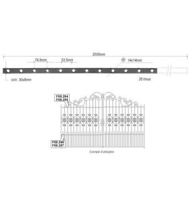 pièce élément ferronnier serrurier Barre poinçonnée LISSE PLAT Longueur 2000 Section 30x8 Passage CARRE ACIER FER FORGE Ref: ...