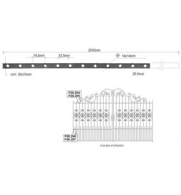 pièce élément ferronnier serrurier Barre poinçonnée LISSE PLAT Longueur 2000 Section 30x10 Passage CARRE ACIER FER FORGE Ref:...