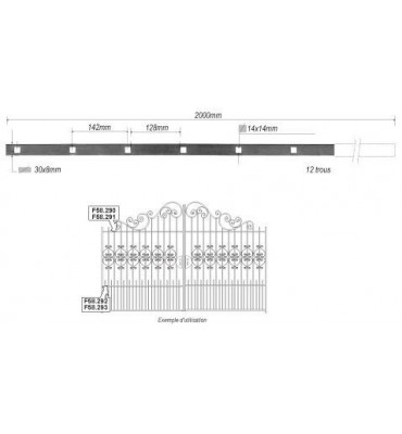 pièce élément ferronnier serrurier Barre poinçonnée LISSE PLAT Longueur 2000 Section 30x8 Passage CARRE ACIER FER FORGE Ref: ...