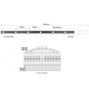 pièce élément ferronnier serrurier Barre poinçonnée LISSE PLAT Longueur 2000 Section 30x10 Passage CARRE ACIER FER FORGE Ref:...