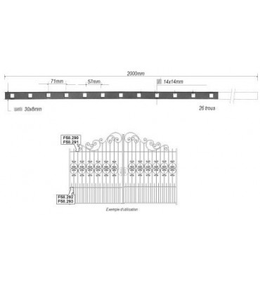 pièce élément ferronnier serrurier Barre poinçonnée LISSE PLAT Longueur 2000 Section 30x8 Passage CARRE ACIER FER FORGE Ref: ...