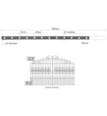 pièce élément ferronnier serrurier Barre poinçonnée LISSE PLAT Longueur 2000 Section 30x10 Passage CARRE ACIER FER FORGE Ref:...